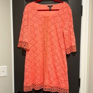 Alfani petite coral lace dress with 3/4 length sleeves